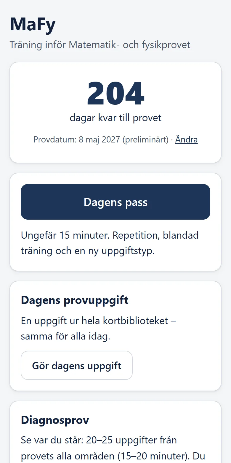 Appens startsida med nedräkning till provet och knappen Dagens pass